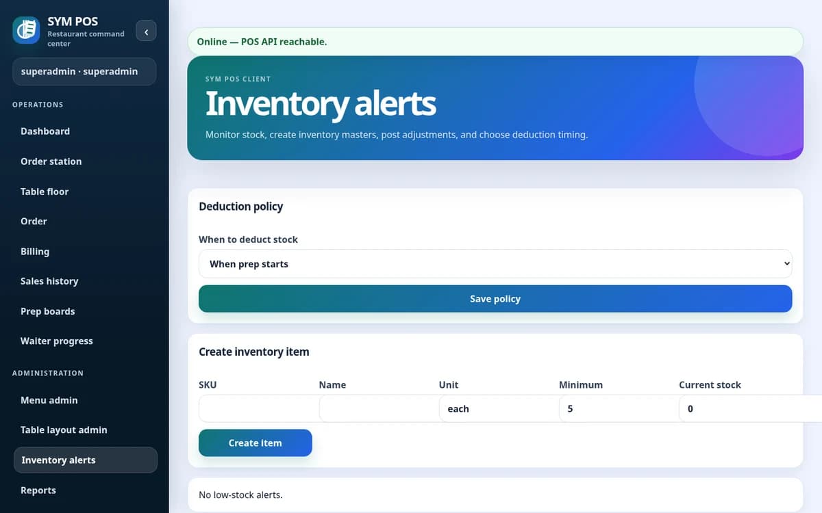 SYM POS inventory behind the counter with synthetic evaluation data
