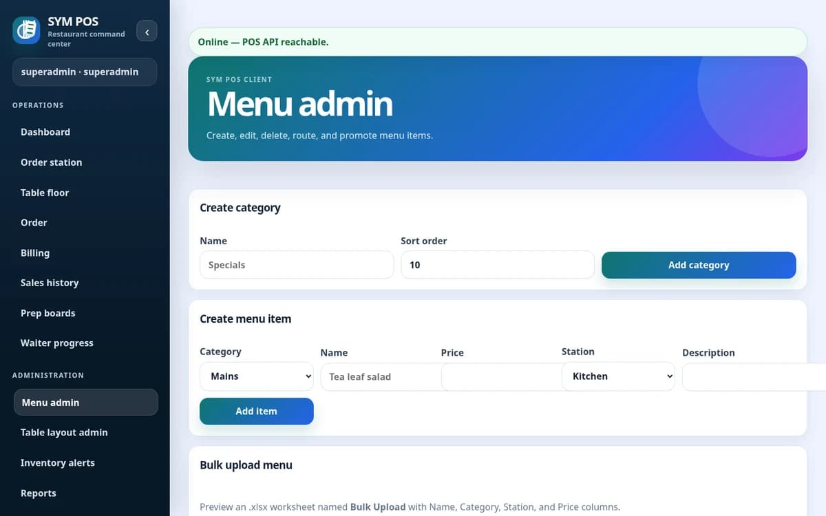 SYM POS menu control in one place with synthetic evaluation data