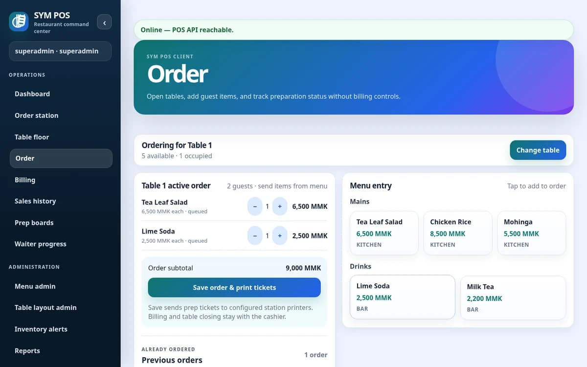 SYM POS ordering screen with sample restaurant data