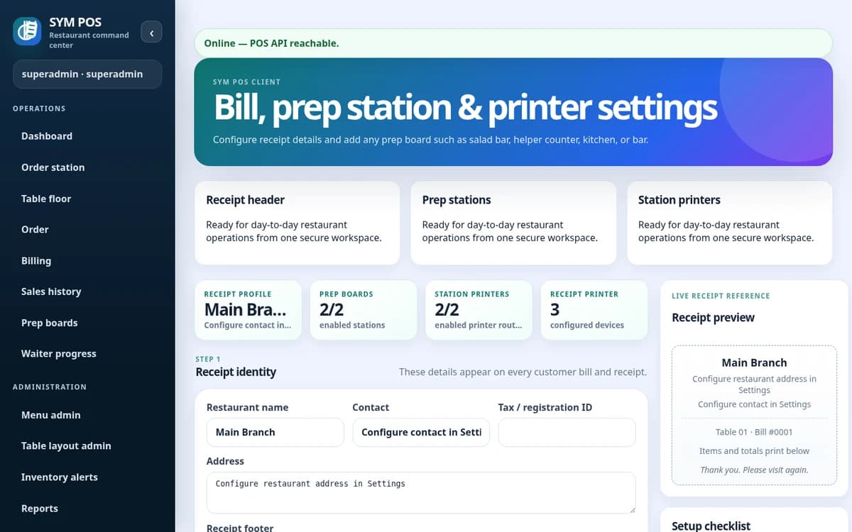 SYM POS receipts and station printing with synthetic evaluation data